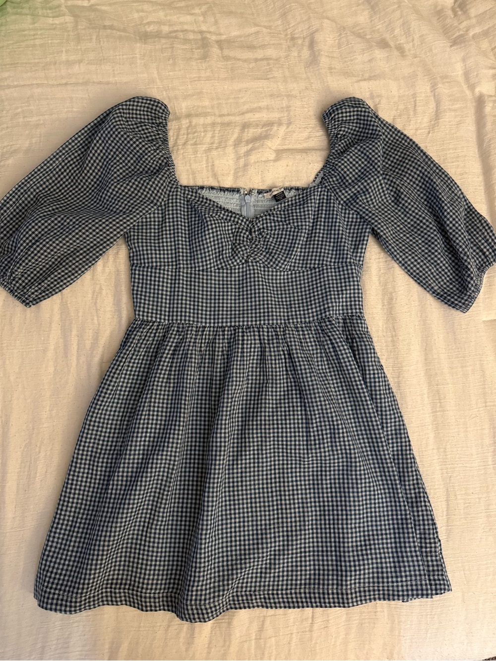 Blue Gingham Puff-Sleeve Dress with Square Neck